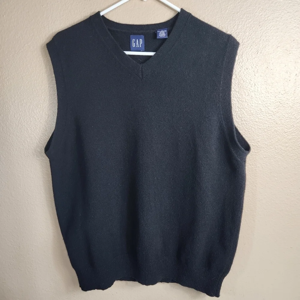 Gap Vintage Mens |L| Black 100% Lambswool Knit V-Neck Vest
